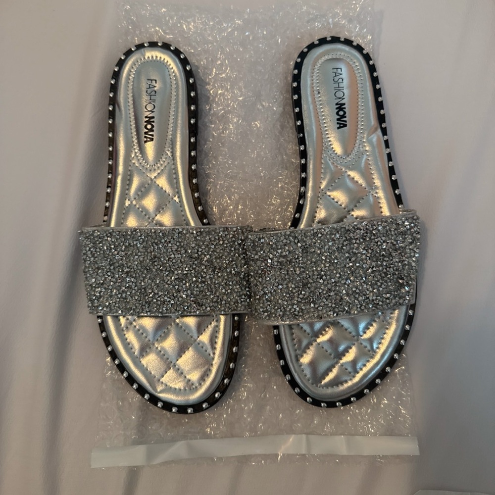 Fashion Nova Silver Glamorous Slip-On Sandals